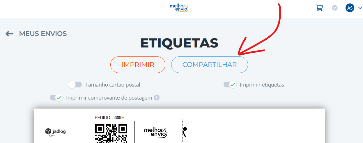 Botão compartilhar no Melhor Envio