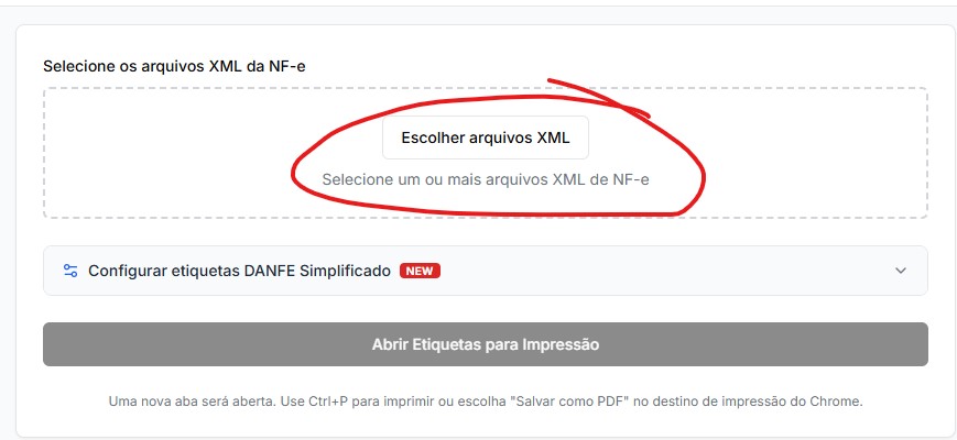 Tela mostrando o botão Escolher arquivos XML