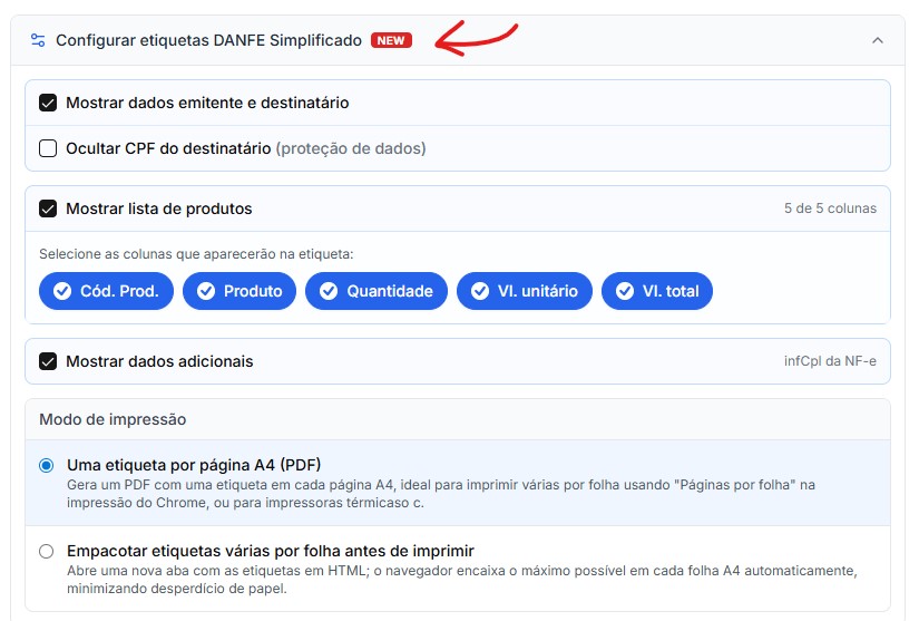 Painel Configurar etiquetas DANFE Simplificado expandido