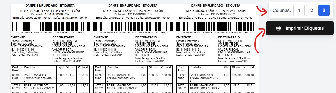 Aba de impressão mostrando seletor de colunas e botão Imprimir Etiquetas