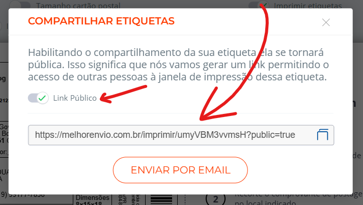 Popup do link público do Melhor Envio